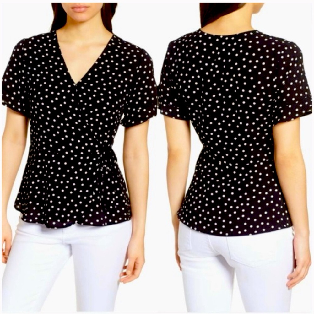 Bobeau Polka Dot Blouse Black and White Chiffon Faux Wrap Dress Size Large retro